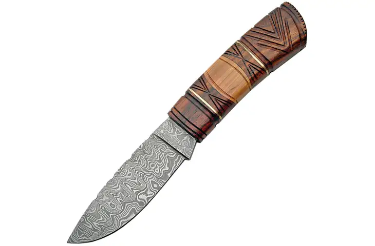 Damascus Fixed Blade Carved Wood Handle Fixed Blade Knife